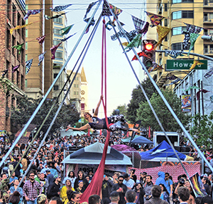 Aerialist over the center intersection of How Weird 2016